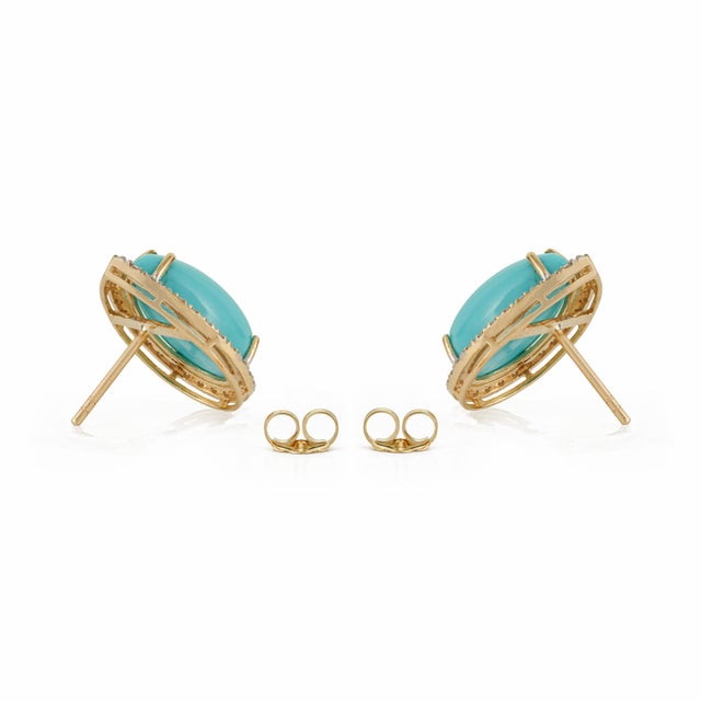8.88ct Sleeping Beauty Turquoise Solitaire Halo Diamond 14k Gold Earrings- A Pair For Sale - Image 9 of 15