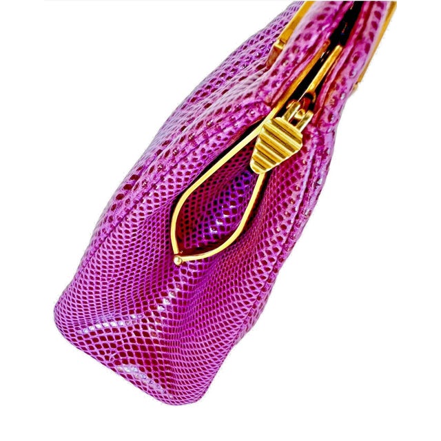1990s Judith Leiber Karung SnakeSkin Pink Fuschia Day Evening Handbag Gemstones Vintage For Sale - Image 9 of 15