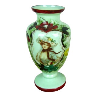 Early 19th Century Austrian Jadeite Hand Painted Portrait Vase of Victorian Lady, Moriage Accents For Sale