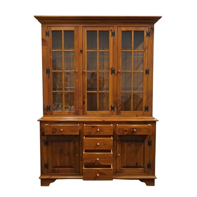 Wood Ethan Allen Country Craftsman Solid Knotty Pine Early American Country French 62" Buffet W. Lighted Display China Cabinet 19-6326 / 19-6328 For Sale - Image 7 of 15