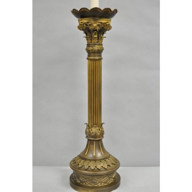 Traditional Antique French Empire Patinated Bronze Corinthian Column Candlestick Table Lamp For Sale - Image 3 of 11