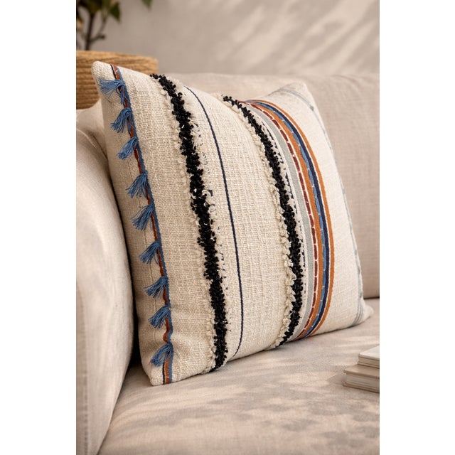 Boho Textured Striped Cushion Cover With Fringe & Tassels | Handwoven Embroidered Cushion Cover | Neutral Rustic Decor | 50 X 50 Cm Set of 2 For Sale - Image 4 of 4