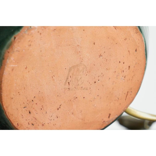 1960s Green Luster Glazed Studio Pottery Table Lamp with Rattan Shade, 1970s For Sale - Image 5 of 7