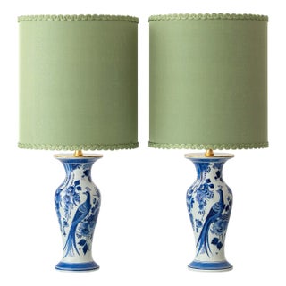 Vintage Royal Delft Blue Ceramic Table Lamps with New Green Silk Lampshades, Set of 2 For Sale