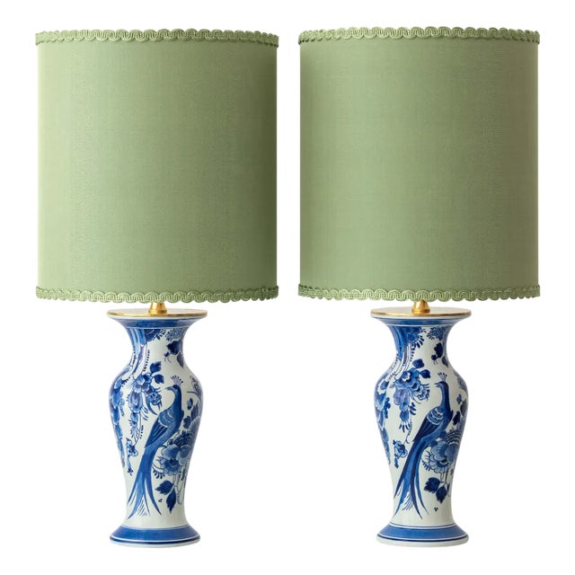 Vintage Royal Delft Blue Ceramic Table Lamps with New Green Silk Lampshades, Set of 2 For Sale