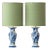 Vintage Royal Delft Blue Ceramic Table Lamps with New Green Silk Lampshades, Set of 2 For Sale