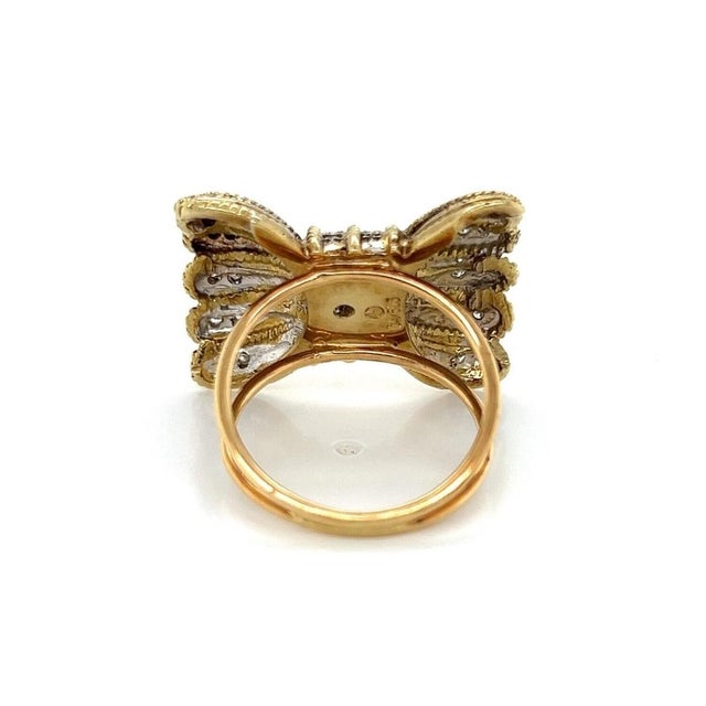 Transparent Mid 20th Century Diamond Fancy Frilled 14k Two Tone Gold Bow Ring Size 8 For Sale - Image 8 of 9