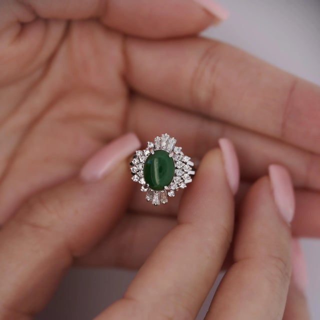 Contemporary 1.73 Carat Jadeite Jade Fei Cui & Diamond Halo Platinum Ballerina Filigree Ring Size 6.5 For Sale - Image 3 of 8