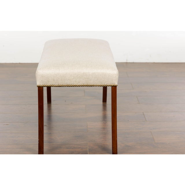 English 19th Century English Regency Bench with Saber Legs and Custom Linen Upholstery For Sale - Image 3 of 12