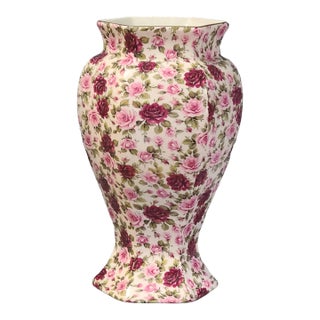 Mid 20th Century Staffordshire England Hexagon Crown B Burslem Romantic Roses Chintz Ware Vase For Sale