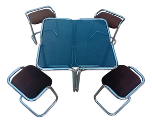 Chrome and Smoked Glass Tubular Table with Seats