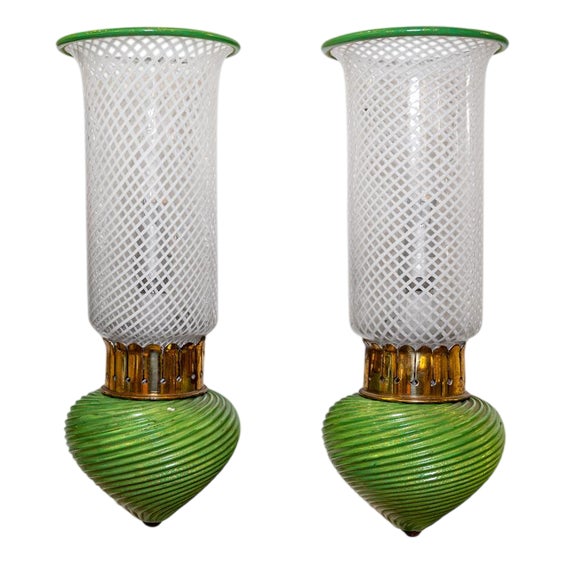 Murano Clear White and Green Glass on Brass Wall Lights, 1930s, Set of 2 For Sale