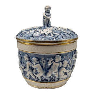 Mid-Century R. Capodimonte Italy Blue & White Porcelain Putti Covered Jar For Sale