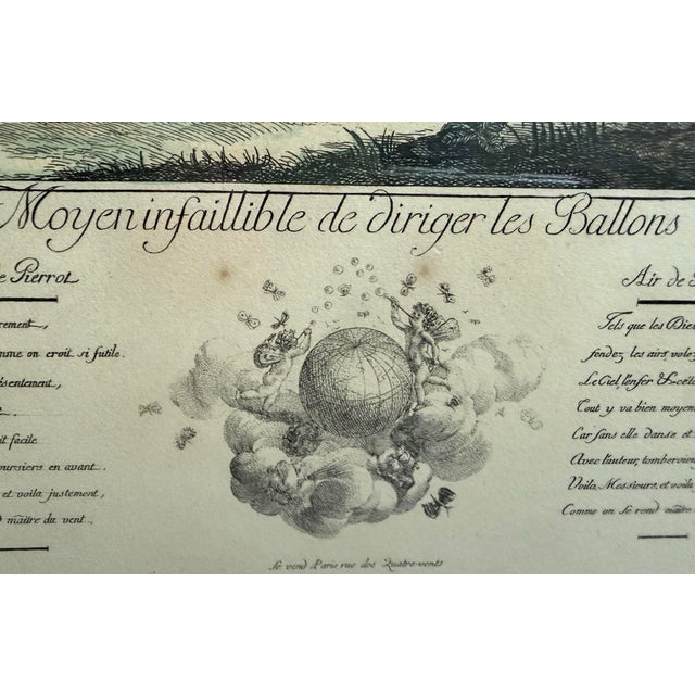 Early 19th Century French Antique Satirical Ballooning Hand-Colored Etching Titled "Moyen Infaillible De Diriger Les Ballons", Originally Produced 1785, Worm Wood Frame For Sale - Image 5 of 12