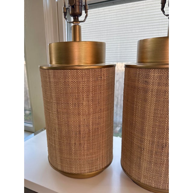 Pair of Palecek Rope-Wrapped Table Lamps Gorgeous pair of Palecek table lamps featuring cylindrical bases wrapped in...