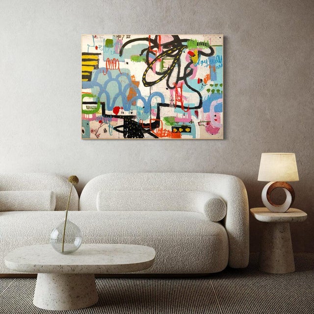 Textile Christiane Corcelle "Cherry Blossoms" Mixed Media on Canvas, Large Colorful Abstract Painting in Black, Blue and Yellow, 2024 For Sale - Image 7 of 10