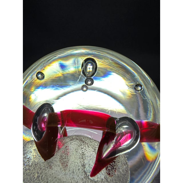 1970s Adam Jablonski Signed Hand Blown Crystal Art, Red Ribbon Suspended on Controlled Bubbles Paperweight For Sale - Image 10 of 11
