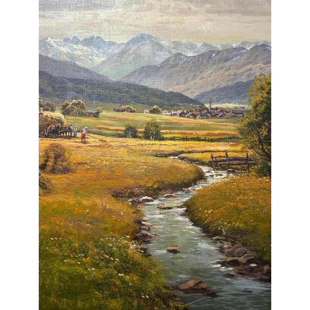 Wolfgang Heinz, Alpine Idyll with Farmers Harvesting, 1950s, Oil on Canvas, Framed For Sale - Image 7 of 10