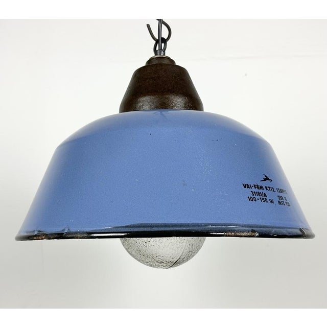 1960s Industrial Blue Enamel and Cast Iron Pendant Light with Glass Cover, 1960s For Sale - Image 5 of 18