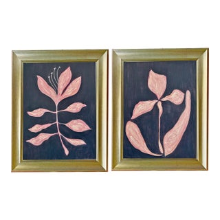 Original Botanical Diptych — Pink Floral Studies on Brown, Oil Sticks on Canvas, 12" X 16" Each, by Tatiana Duperault For Sale