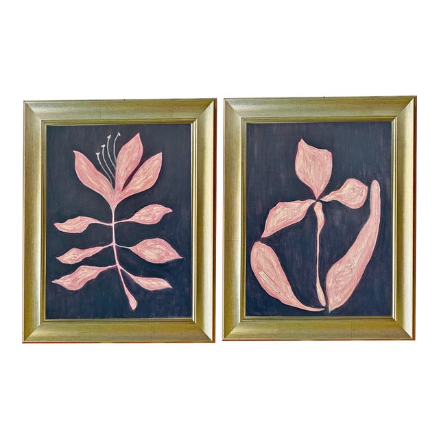 Original Botanical Diptych — Pink Floral Studies on Brown, Oil Sticks on Canvas, 12" X 16" Each, by Tatiana Duperault For Sale