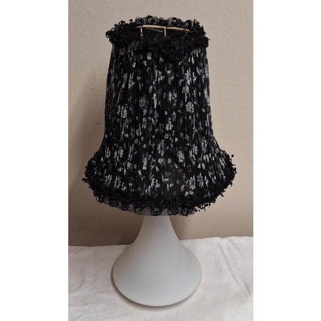 Vintage Table Lamp with Internally Lit White Opaque Glass Base with Stainless Steel Mount and Handmade Fabric Shade by Lamplove, 1990s For Sale - Image 4 of 8