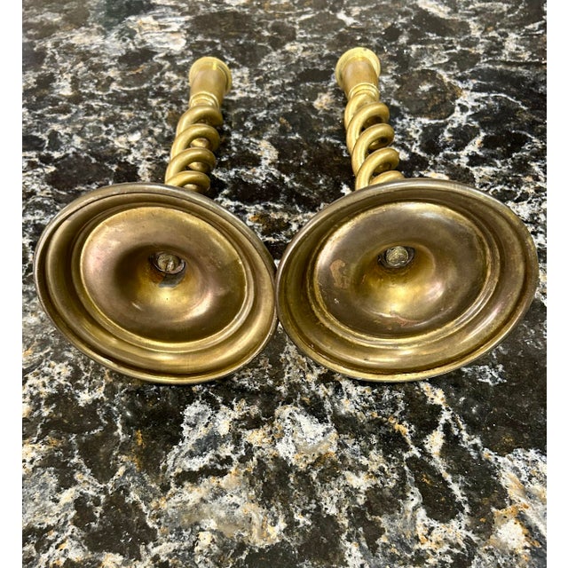 Pair of Antique Brass, Barley-Twist Candlesticks, Circa 1910, 12” Height For Sale - Image 4 of 6
