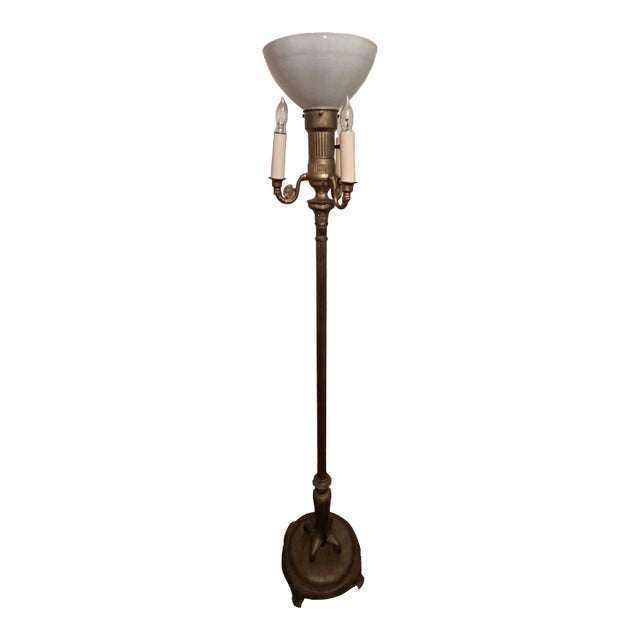 Vintage Brass and Frosted Glass Torchière Floor Lamp For Sale