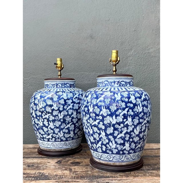 Blue Vintage Monumental Ceramic Ginger Jar Table Lamps - Pair For Sale - Image 8 of 12