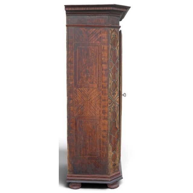 Exquisite antique single-door painted wardrobe, crafted in solid fir wood and richly decorated by hand with figurative...