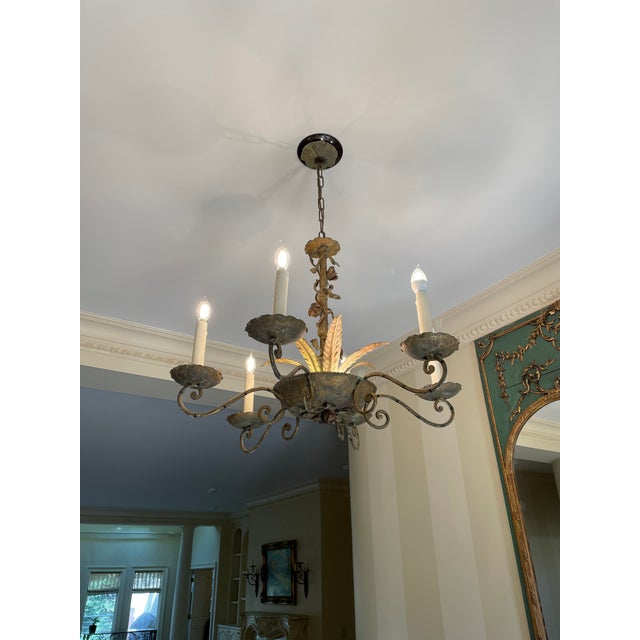 Vintage Italian Tole 6-Arm Scroll Chandelier With Gilt Accents For Sale - Image 4 of 11