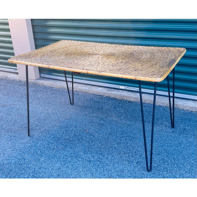 Mid-Century Modern Vintage 1950s Wicker & Iron Table With 4 Chairs in the Style of Frederick Weinberg For Sale - Image 3 of 4