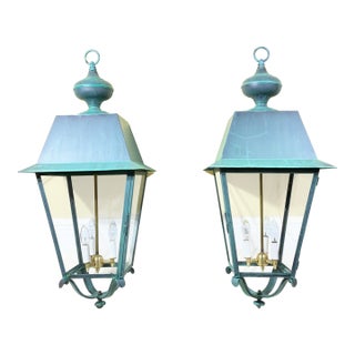 Pair of Solid Verdigris Brass Hanging Lanterns. 14” X 14” X 33” For Sale