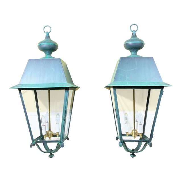 Pair of Solid Verdigris Brass Hanging Lanterns. 14” X 14” X 33” For Sale