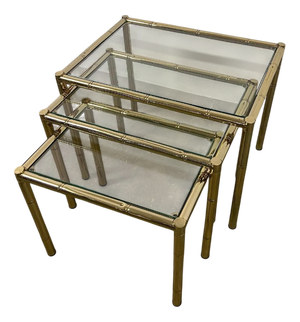 Bamboo Style Brass and Glass Triptych Coffee Tables, 1975, Set of 3
