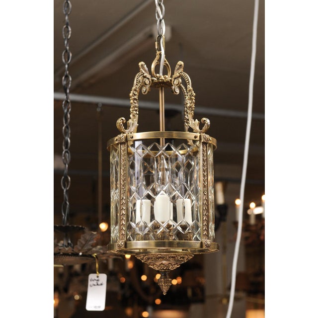 French 1940s Patinated Bronze & Cut Crystal Lantern, France For Sale - Image 3 of 12