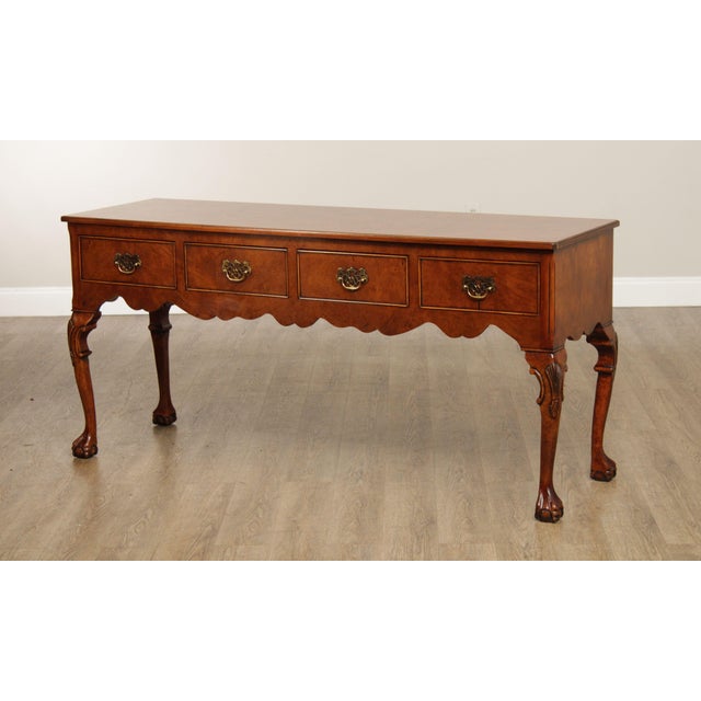 High Quality Vintage Burl Walnut Console or Hunt Board with Four Drawers and Carved Legs and Ball and Claw Feet