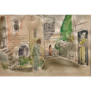 Aharon Giladi, Old Yishuv, Israel, Watercolor Painting Israeli Modernist Kibbutz Artist 2 Sided For Sale