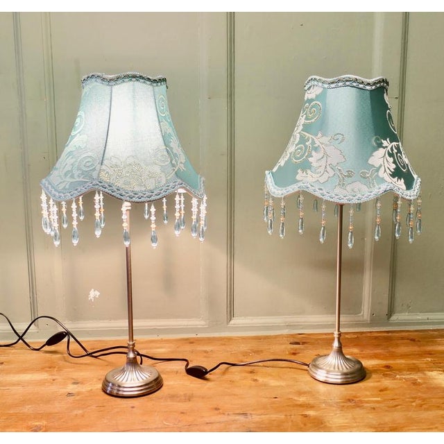 Chrome Bedside Lamps with Beaded Embroidered Shades, 1980, Set of 2 For Sale - Image 4 of 8