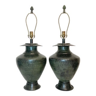1990s Large Pair of Modern Hand Made Hand Hammered Patinated Bronze Table Lamps For Sale