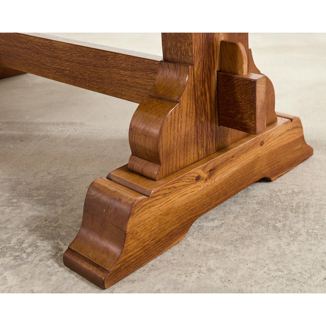 French Provincial Country Oak Trestle Farmhouse Dining Table 7Ft For Sale - Image 18 of 18