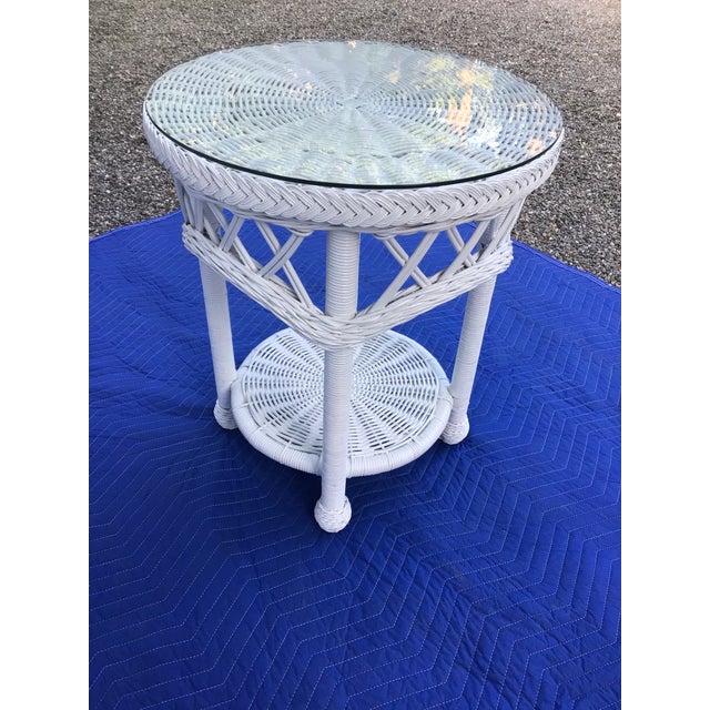 1980s Vintage Natural Wicker Side Table With Glass Top Freshly