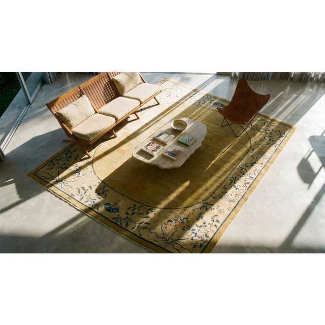 Aesthetic and Sublime Beige Open Field With Exquisite Floral Border Antique Chinese Peking Rug For Sale - Image 10 of 11