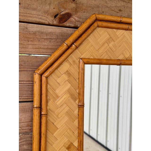Vintage Octagonal Faux Bamboo and Woven Rattan Wall Mirror For Sale - Image 10 of 12