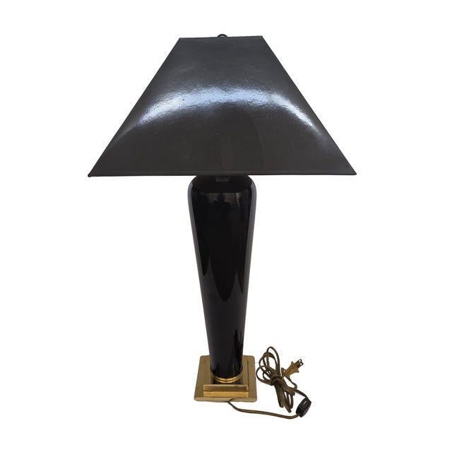 Black 1991 Frederick Cooper "Modern Noir" Table Lamp - Fractured Enamel & Polished Brass For Sale - Image 8 of 17