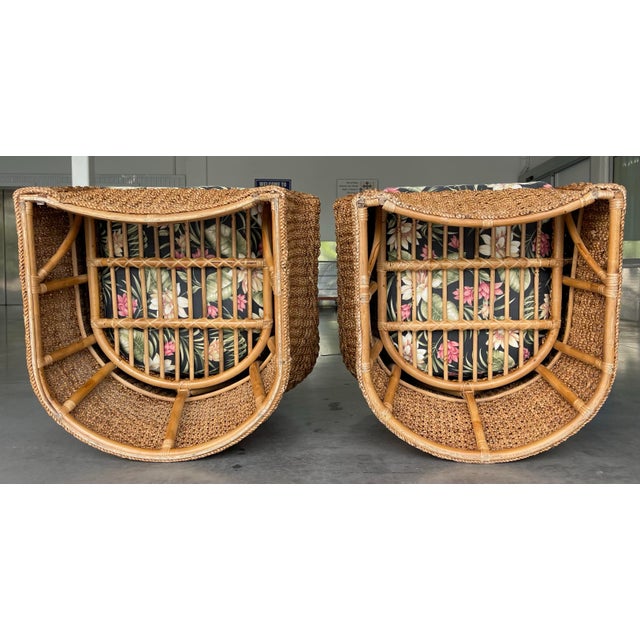 Vintage Sculptural Braided Rattan Lounge Armchairs in Tropical Upholstery, Pair For Sale - Image 10 of 12