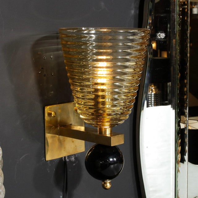 Pair of 21st Century Modernist Hand-Blown Murano Hive Glass Form Sconces With Jet Black Orbital For Sale - Image 10 of 13