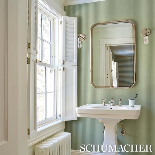 Transitional Schumacher Edwin Stripe Narrow Wallcovering In Sage For Sale - Image 3 of 4