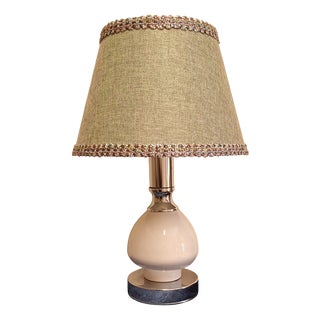 Vintage Table Lamp with White Porcelain Base, Chrome-Plated Metal Mount and Handmade Fabric Shade, 1970s For Sale
