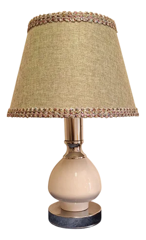 Vintage Table Lamp with White Porcelain Base, Chrome-Plated Metal Mount and Handmade Fabric Shade, 1970s